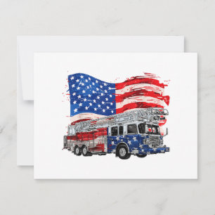 Retro Fire Truck Firefighter Fireman USA Flag 4th Holiday Card