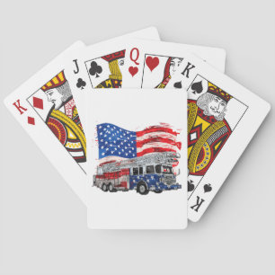 Retro Fire Truck Firefighter Fireman USA Flag 4th Playing Cards