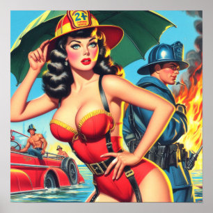 Retro Firefighter Girl Poster
