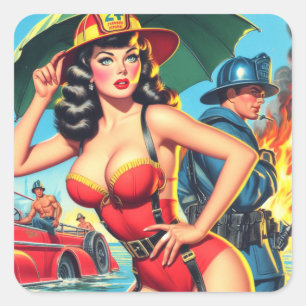 Retro Firefighter Girl Square Sticker