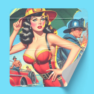 Retro Firefighter Girl Square Sticker