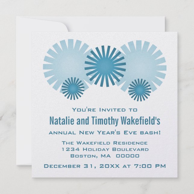 Retro Fireworks New Year's Eve Invite, Blue Invitation (Front)