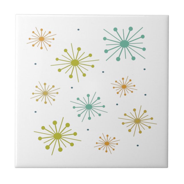 Retro Fireworks Starbursts Colourful Mid-century Ceramic Tile (Front)