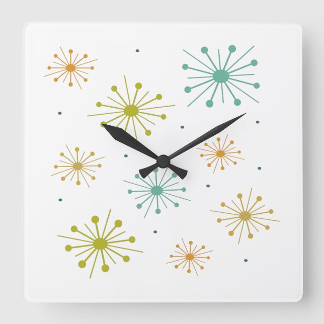 Retro Fireworks Starbursts Colourful Mid-century Square Wall Clock (Front)