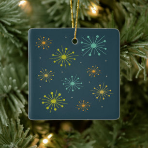 Retro Fireworks Starbursts Dark Blue Mid Century Ceramic Ornament