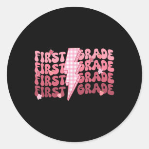 Retro First Grade Teacher Lightning Bolt First Day Classic Round Sticker