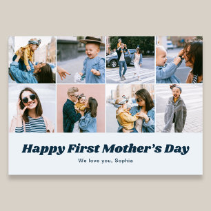 Retro First Mothers Day 12 Photo Collage Blue Holiday Card