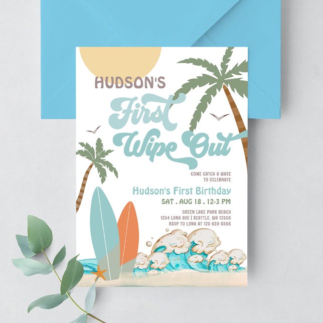 Retro First Wipe Out Surf Surfing 1st Birthday Invitation (Creator Uploaded)