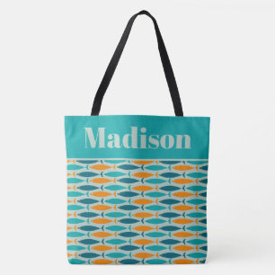 Retro Fish Pattern Turquoise Orange Personalised Tote Bag