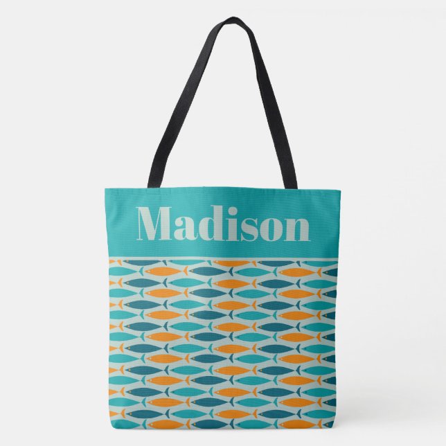 Retro Fish Pattern Turquoise Orange Personalised Tote Bag (Front)