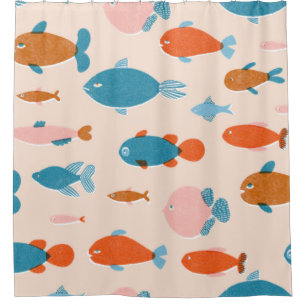 Retro Fish: Risograph Style Pattern Shower Curtain