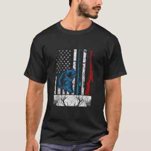 Retro Fishing and Hunting American Flag Deer Fish  T-Shirt