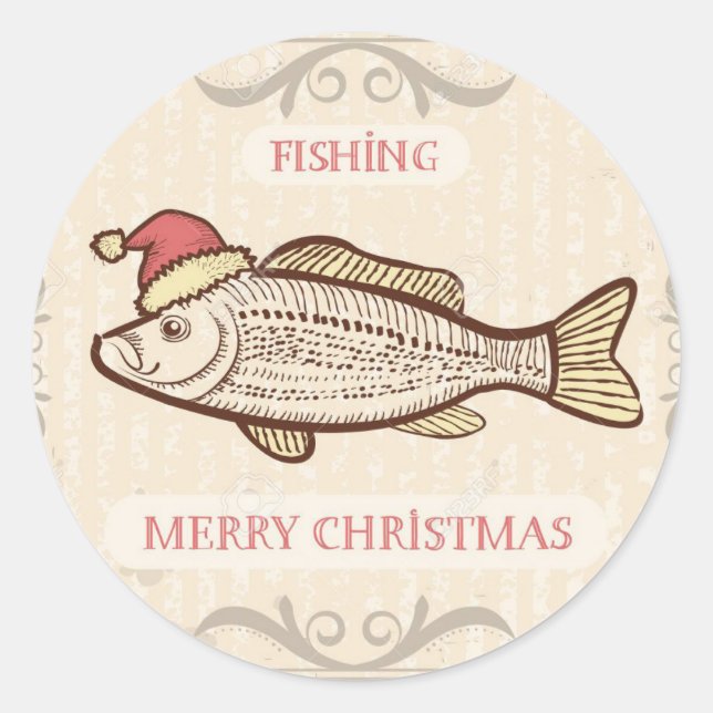 Retro Fishing Christmas Fish In Santa Hat Classic  Classic Round Sticker (Front)
