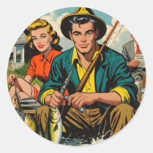 Retro Fishing Comics Classic Round Sticker