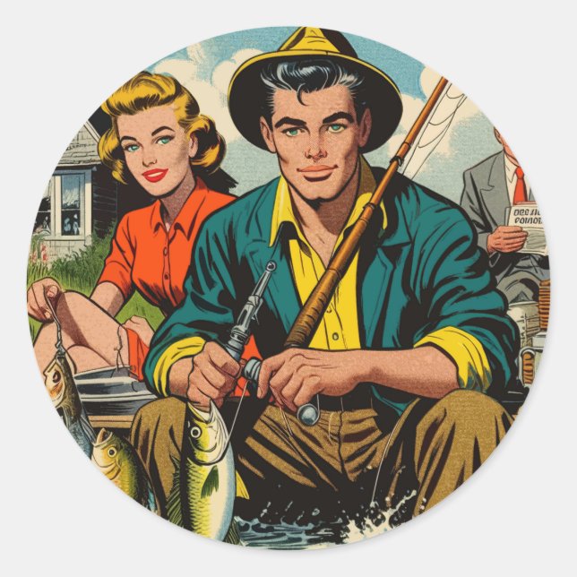 Retro Fishing Comics Classic Round Sticker (Front)