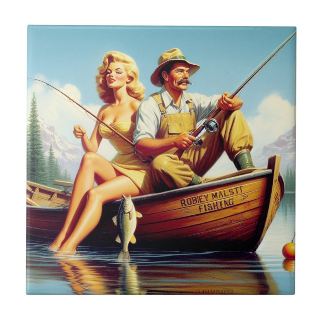 Retro FIshing Illustration Ceramic Tile (Front)