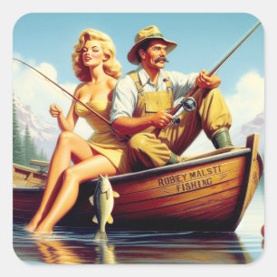 Retro FIshing Illustration Square Sticker