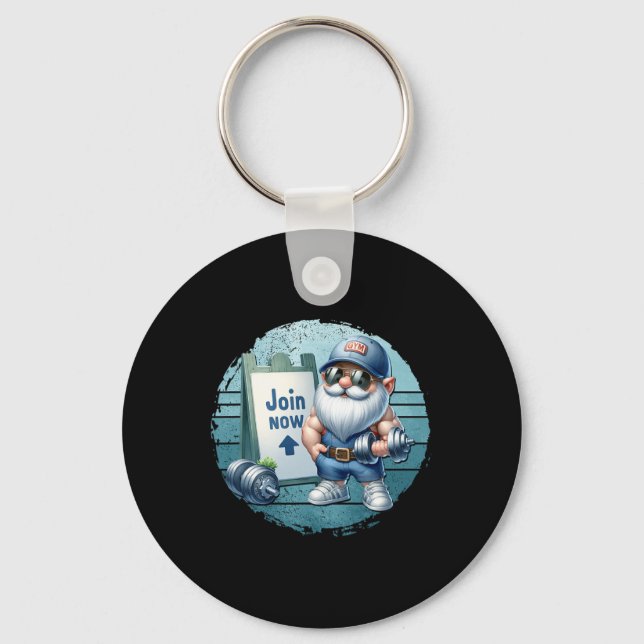 Retro Fitness Gnome In Gym Outfit With Dumbbells V Key Ring (Front)