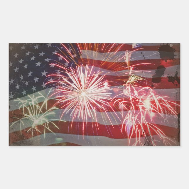 Retro Flag and Fireworks Rectangular Sticker (Front)