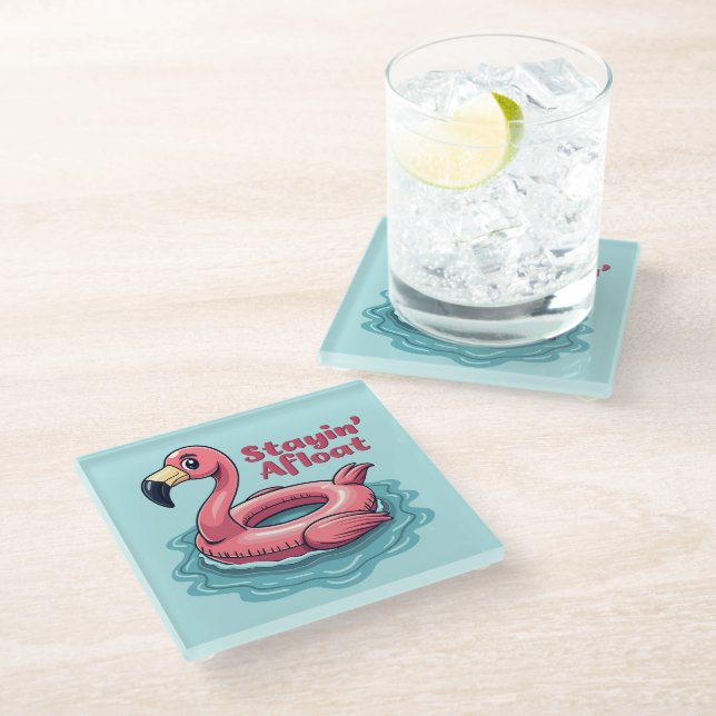 Retro Flamingo Float Funny Summer Glass Coaster (Angled)