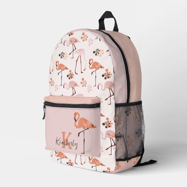 Retro Flamingo Monogram Name Peach Pink Printed Backpack (Back Corner Right)