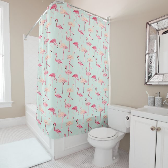Retro Flamingo Pattern Shower Curtain (In Situ)