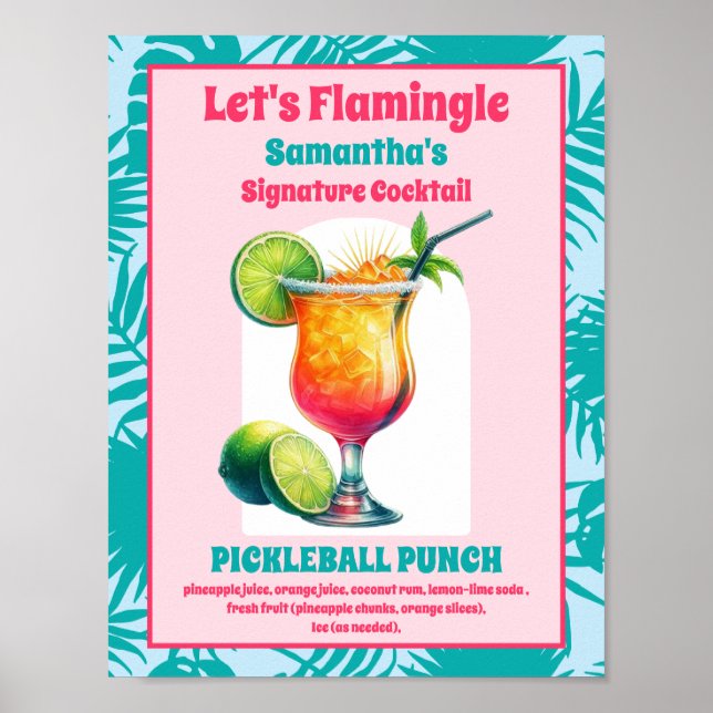 Retro Flamingo Pickleball Bridal Shower Cocktail Poster (Front)