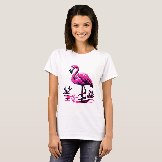 Retro Flamingo: Pixelated Waterside Elegance T-Shirt (Front Full)
