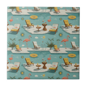 Retro Flamingo Poolside Summer Pattern (10) Ceramic Tile