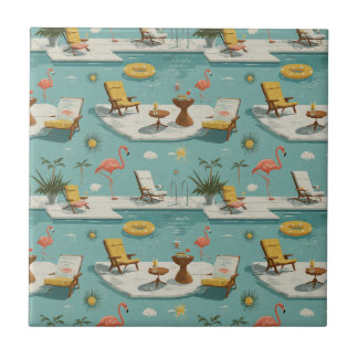Retro Flamingo Poolside Summer Pattern (10) Ceramic Tile