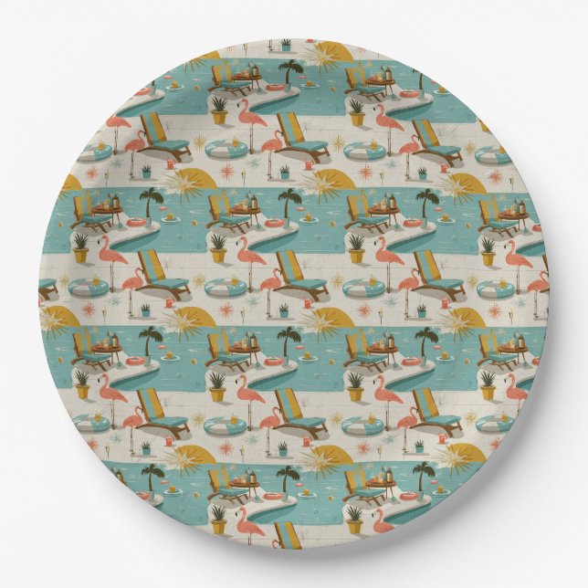 Retro Flamingo Poolside Summer Pattern (10) Paper Plate (Front)