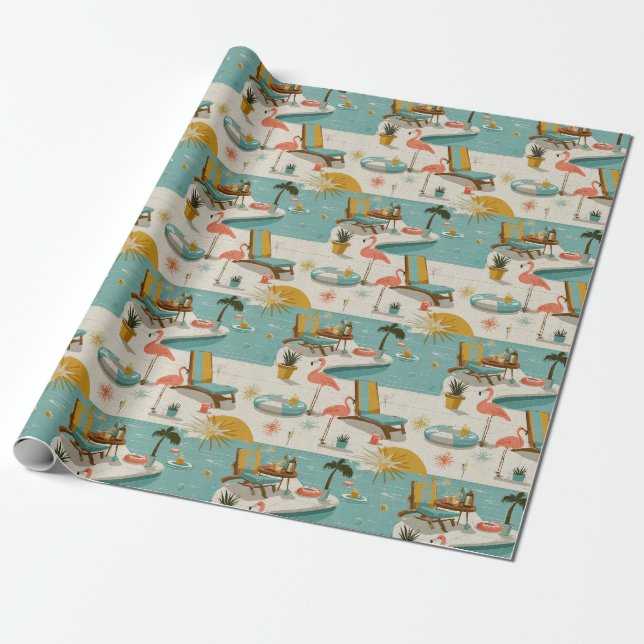 Retro Flamingo Poolside Summer Pattern (10) Wrapping Paper (Unrolled)