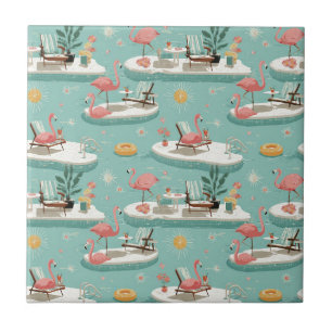 Retro Flamingo Poolside Summer Pattern (11) Ceramic Tile