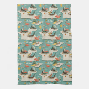 Retro Flamingo Poolside Summer Pattern (11) Tea Towel