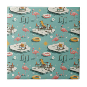 Retro Flamingo Poolside Summer Pattern (1) Ceramic Tile