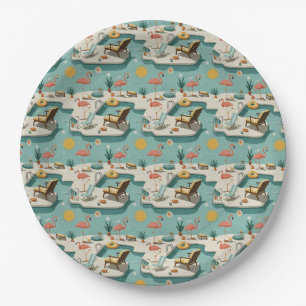 Retro Flamingo Poolside Summer Pattern (1) Paper Plate