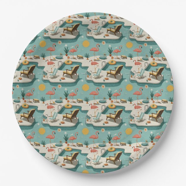 Retro Flamingo Poolside Summer Pattern (1) Paper Plate (Front)