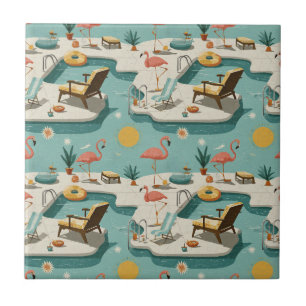 Retro Flamingo Poolside Summer Pattern (2) Ceramic Tile