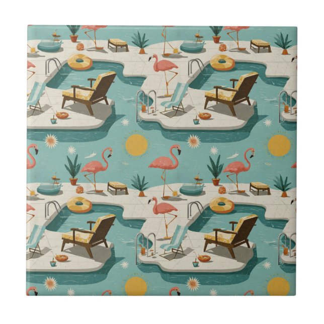Retro Flamingo Poolside Summer Pattern (2) Ceramic Tile (Front)