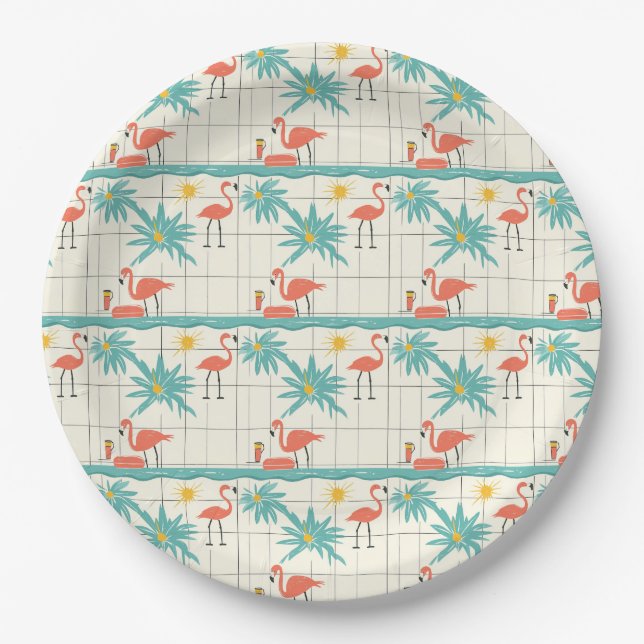 Retro Flamingo Poolside Summer Pattern (2) Paper Plate (Front)