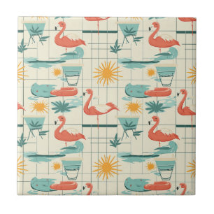 Retro Flamingo Poolside Summer Pattern (3) Ceramic Tile