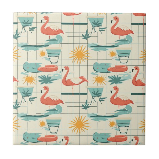 Retro Flamingo Poolside Summer Pattern (3) Ceramic Tile (Front)