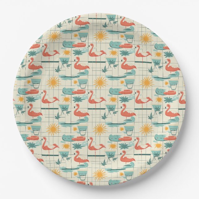 Retro Flamingo Poolside Summer Pattern (3) Paper Plate (Front)