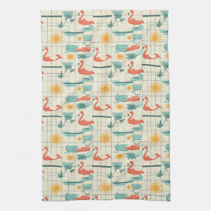 Retro Flamingo Poolside Summer Pattern (3) Tea Towel