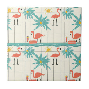 Retro Flamingo Poolside Summer Pattern (4) Ceramic Tile
