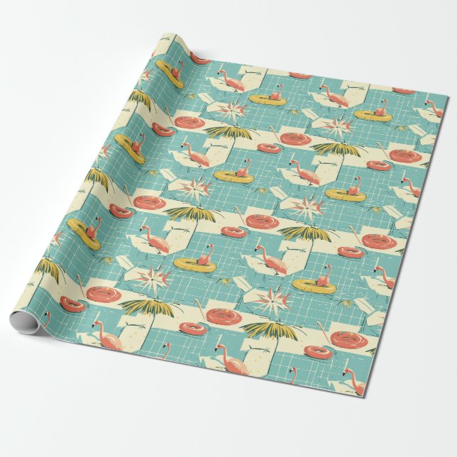 Retro Flamingo Poolside Summer Pattern (4) Wrapping Paper (Unrolled)