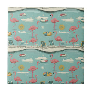 Retro Flamingo Poolside Summer Pattern (5) Ceramic Tile