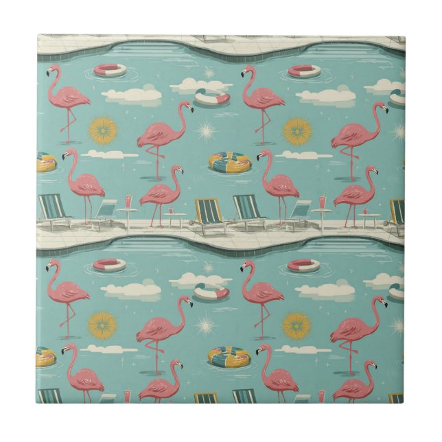 Retro Flamingo Poolside Summer Pattern (5) Ceramic Tile (Front)