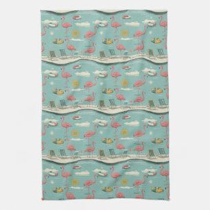 Retro Flamingo Poolside Summer Pattern (5) Tea Towel