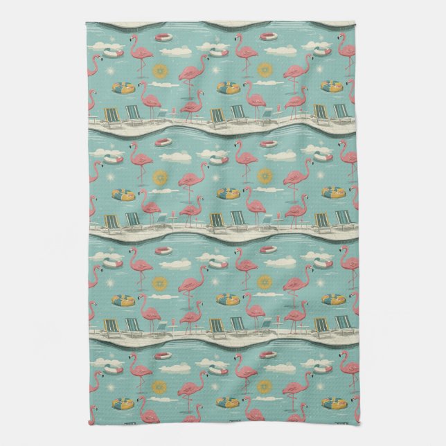 Retro Flamingo Poolside Summer Pattern (5) Tea Towel (Vertical)